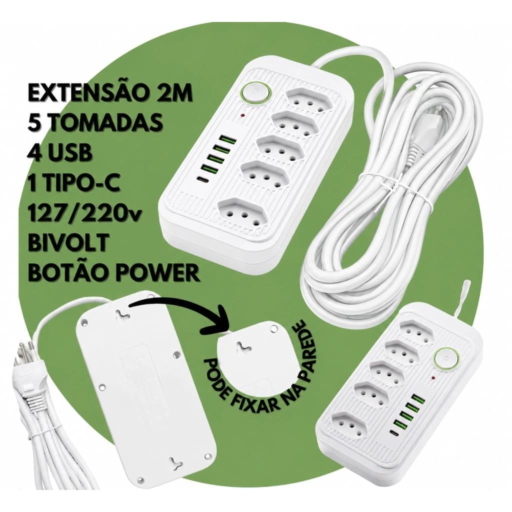 Régua de Tomadas Inteligente com USB e Carregamento Rápido PD