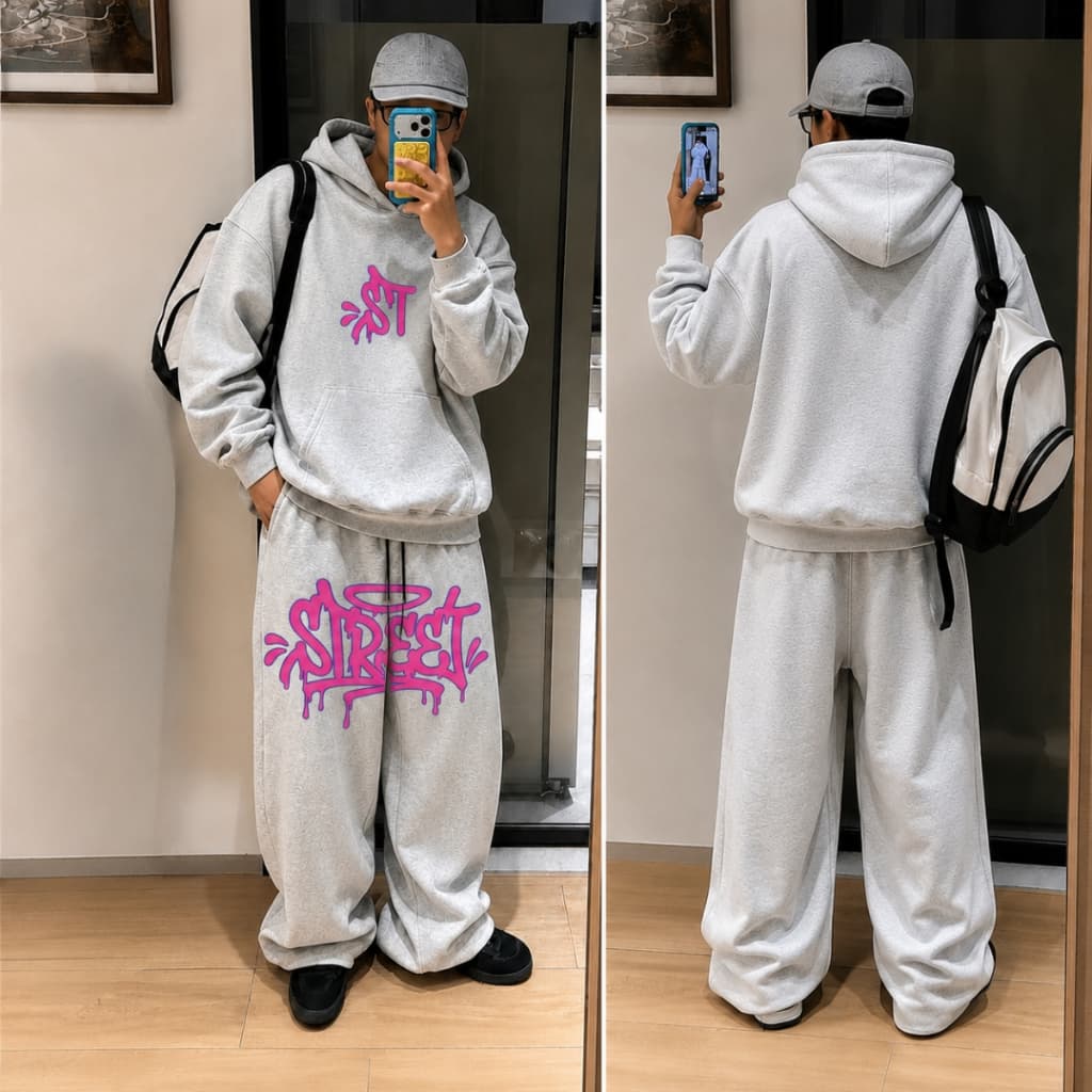 Conjunto Street ST Urban Y2k Moletom e Calça Baggy Larga Ajustavel Masculina e Feminina
