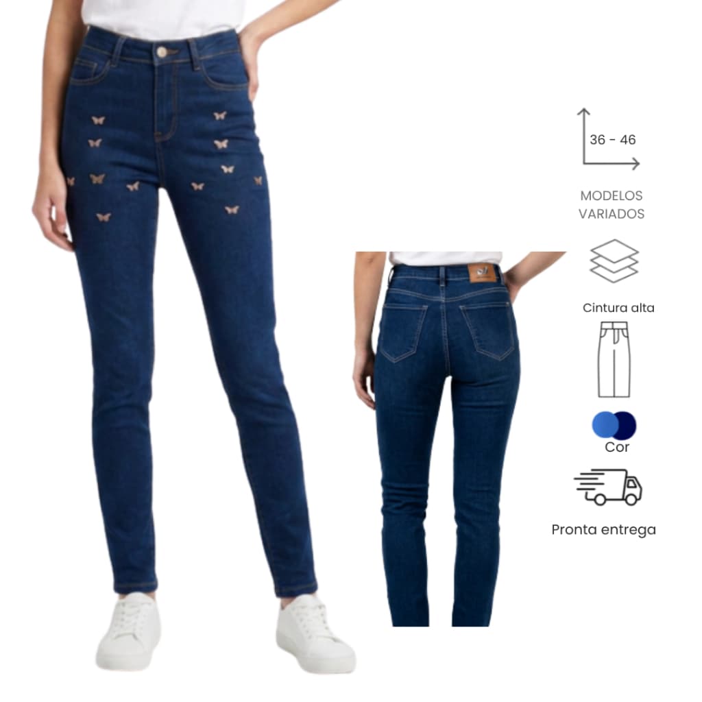 Calça Jeans Skinny Cintura Alta Feminina Modelos Sortidos Detalhes com Bordado e Aplicações Moda Casual
