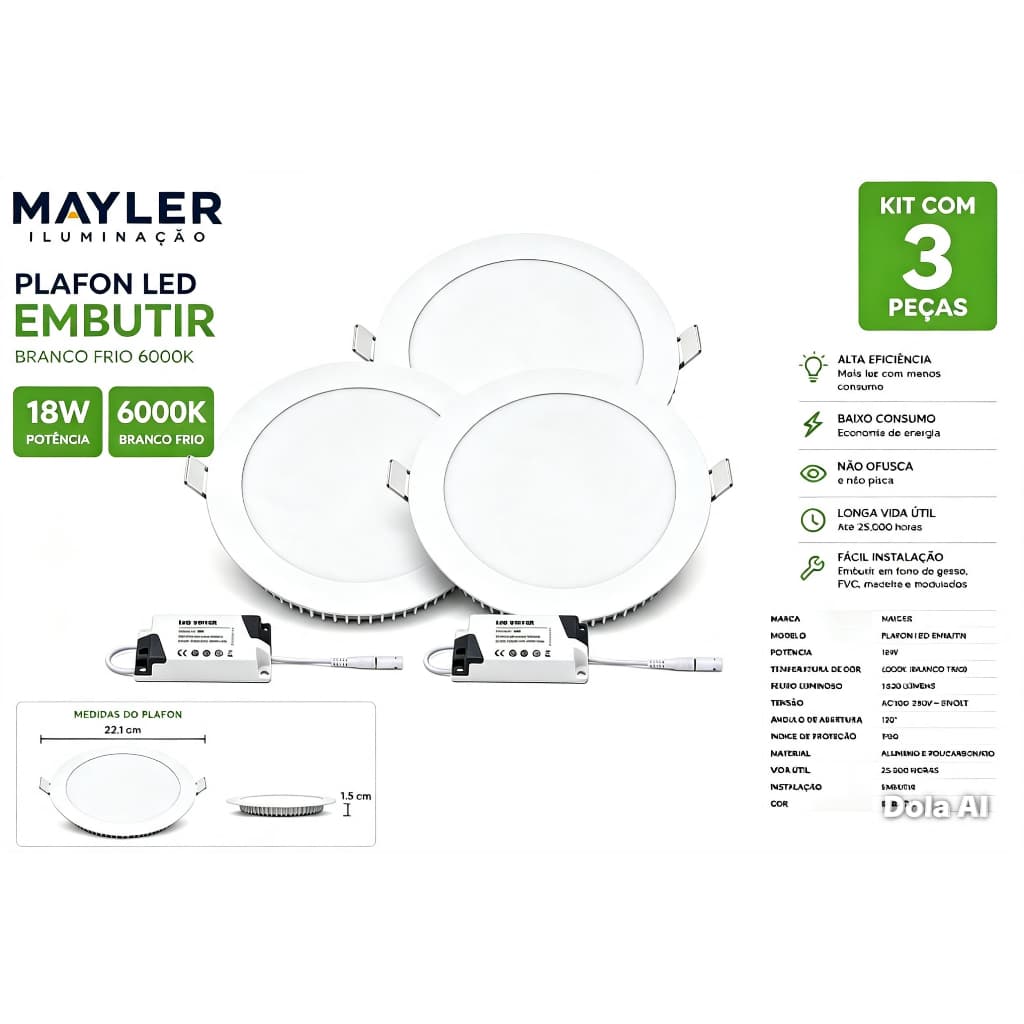 Kit 3 Plafons Branco Embutir Redondo Branco Frio 6000K Mayler Iluminação Econômica 18W
