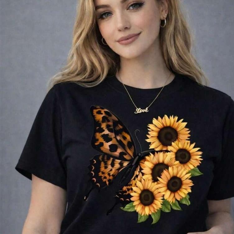 Camiseta Feminina Borboleta com girassois Blusa de Algodão