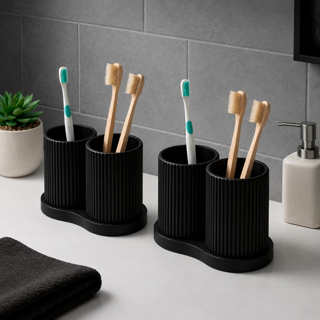 Kit Porta Escovas de Dente Duplo Organizador para Banheiro com Base Removível Design Moderno Porta Escova Preto