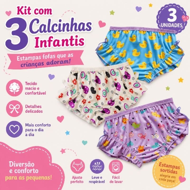 3 Calcinhas  Infantil menina e bebê Balãozinho tercido Estampado Marcia