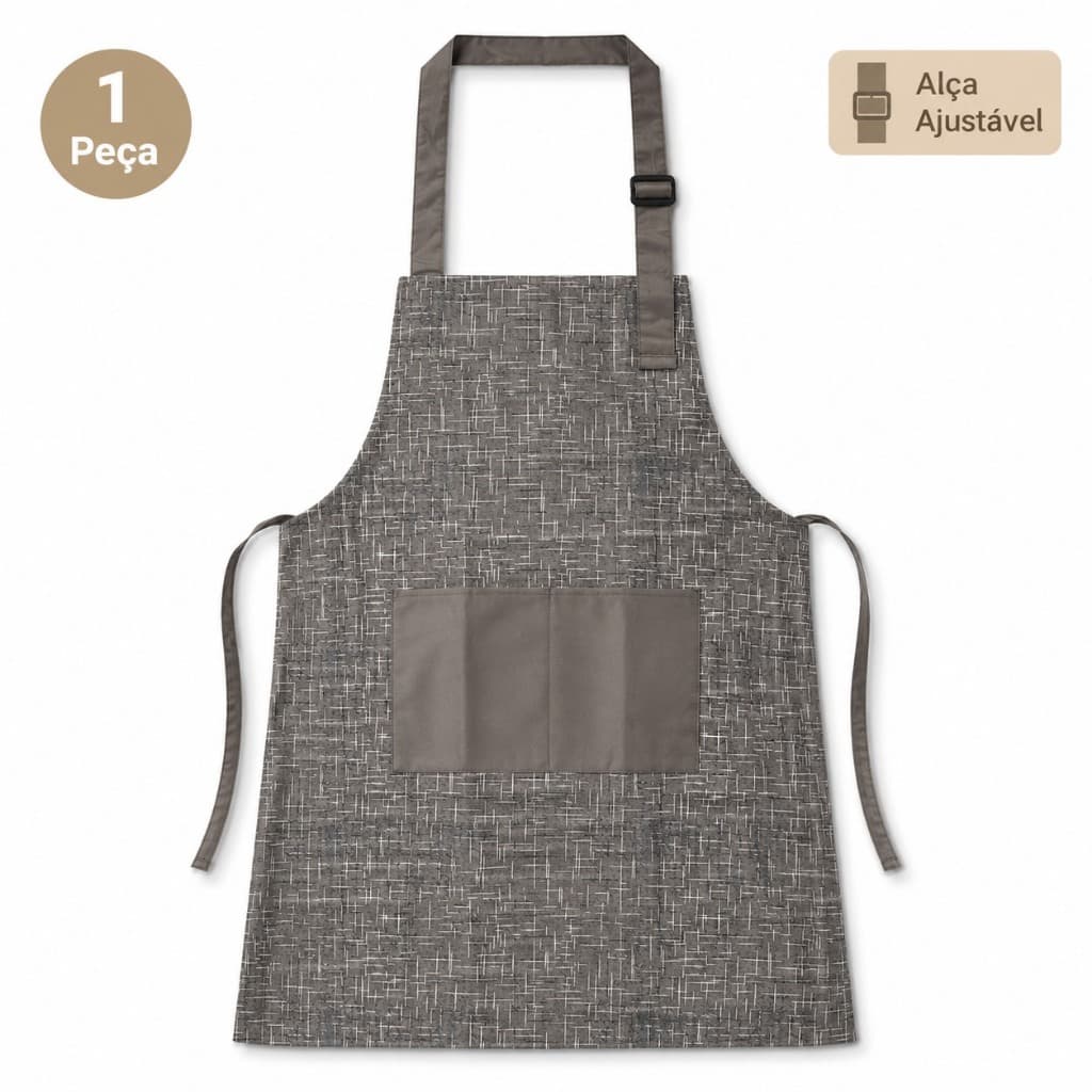 Avental de Cozinha Unissex Cinza Texturizado Alça Ajustável Bolso Frontal Resistente à Água Tamanho Amplo 64x73cm