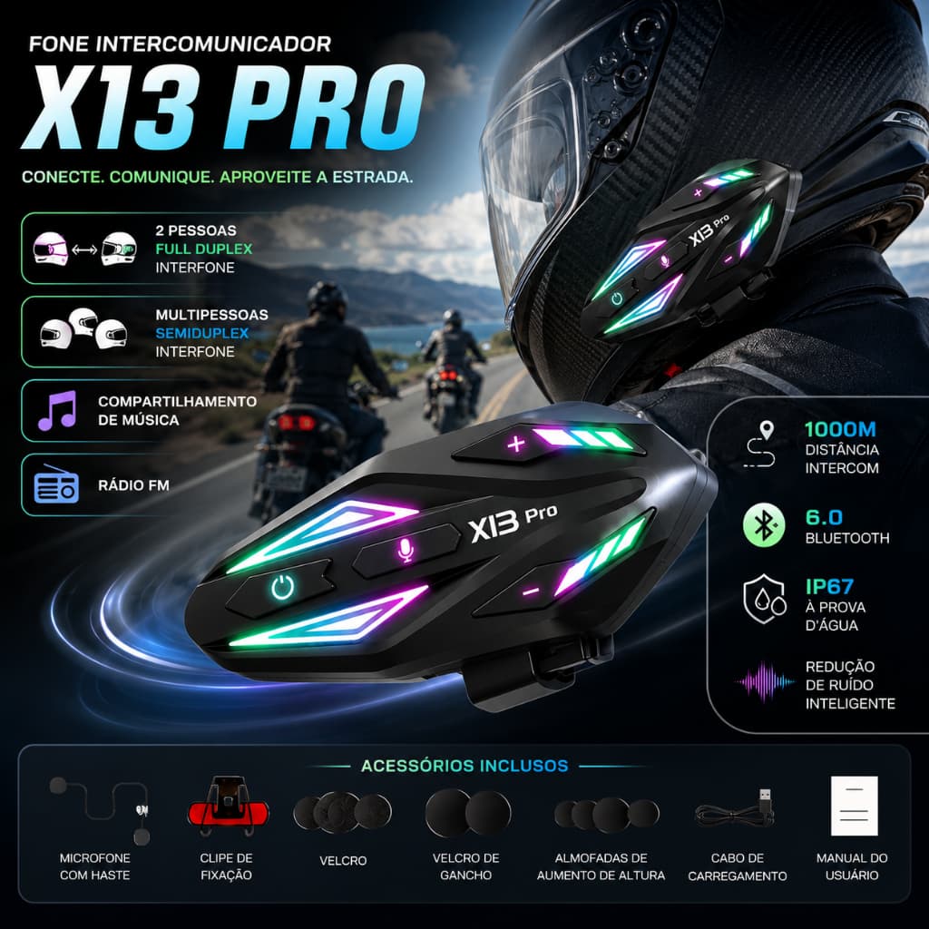 Fone Intercomunicador Bluetooth 6.0 para Capacete De Moto 2 Pessoas 1000M IP67 RGB FM Música Compartilhada Antirruído