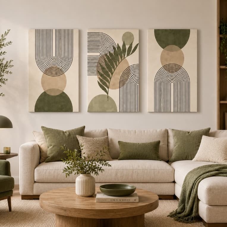 Quadros Decorativos 3 Peças Arte Geométrica Moderna Botânica Abstrata Verde - Sala de Estar - Quarto - Hall - Sala