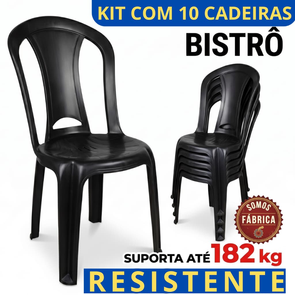 Jogo Kit 10 Cadeiras Resistente Até 182kg de Plástico INMETRO Preta Reforçada