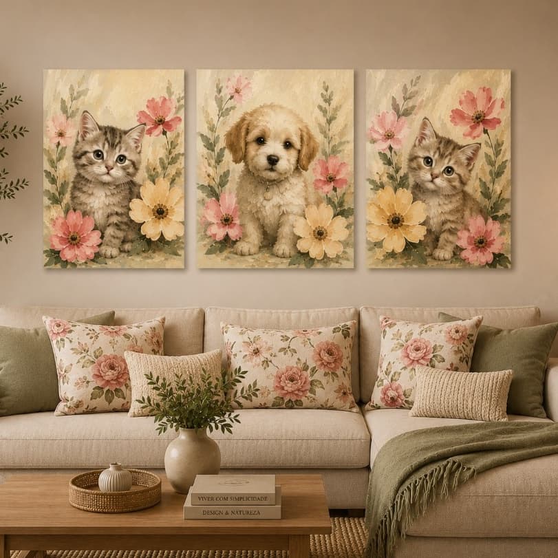 Quadro 3 Peças Cachorro Gato Floral Vintage Fofo Para Sala Quarto Hall