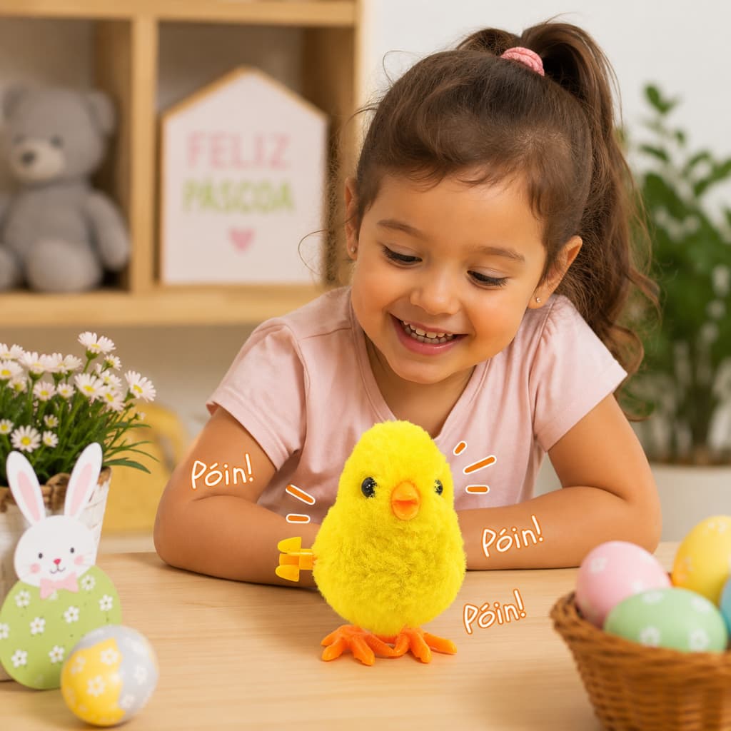 Kit Pintinhos Amarelos de Pelúcia a Corda Anda e Pula Brinquedo Infantil