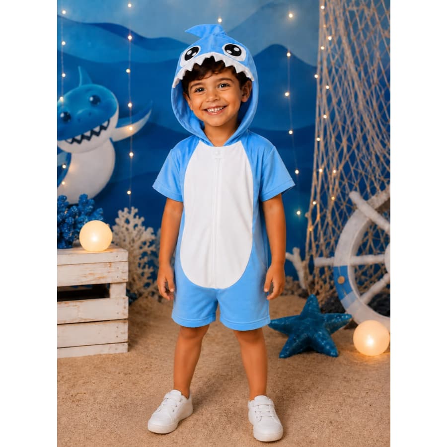 Fantasia Infantil do Tubarão Com Capuz e Rabinho de barbatana Roupa Macacão Com Zíper de Bichinho Menino e Menina