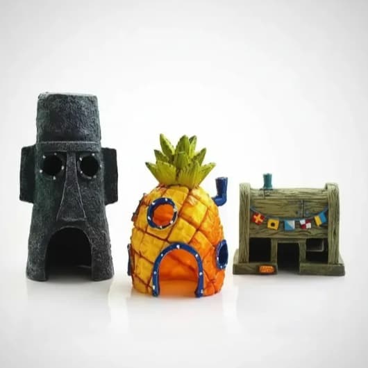 Kit Enfeite Aquário Siri Cascudo Casa Lula Molusco E Abacaxi PVC Fenda do Biquini Bob Esponja