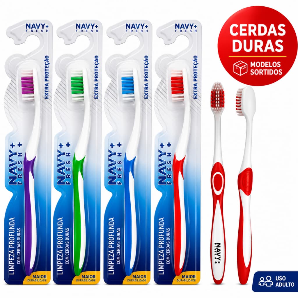 Escova Dental Dura Adulto Cerdas Firmes com Capa Protetora Kit Variável 6 a 48 Unidades