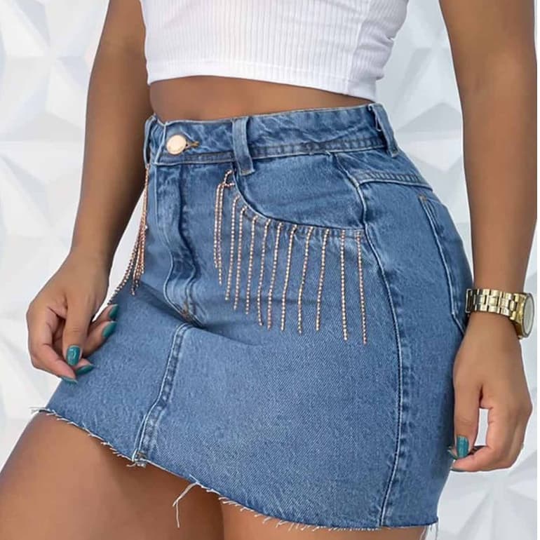 INFINITO MODA Mini Saia Jeans Com Brilho Desfiada Na Barra Bolso Zíper