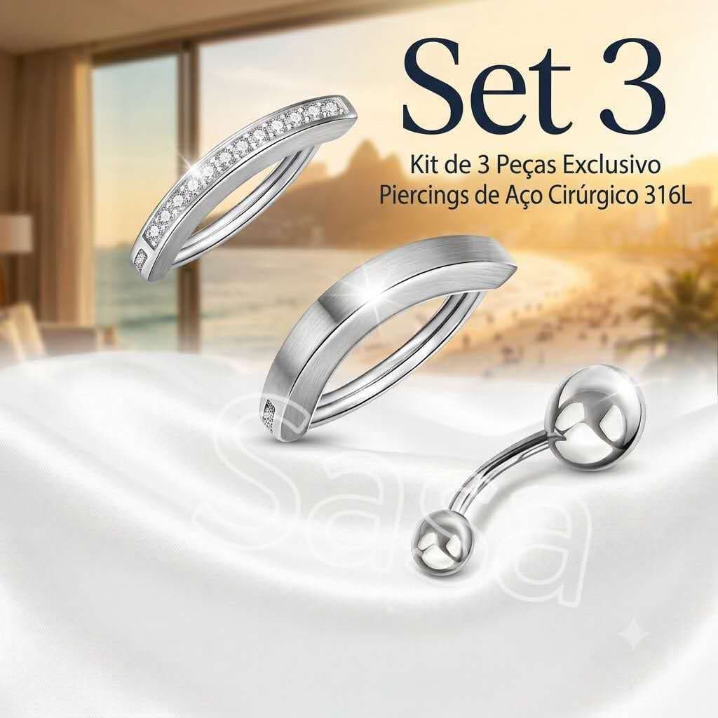 Kit 3 Piercing De umbigo Aço  inoxidável   Antialérgico Feminino Zircônia Brilho Kit Luxo