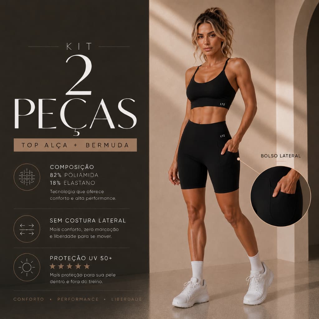 Conjunto Fitness Bermuda Cintura Alta Bolso Lateral Poliamida Premium + Top Alça Poliamida Premium