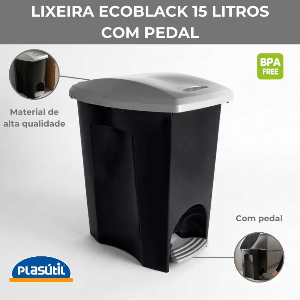 Lixeira 15 litros com Pedal Preta Banheiro Cozinha Antiodor