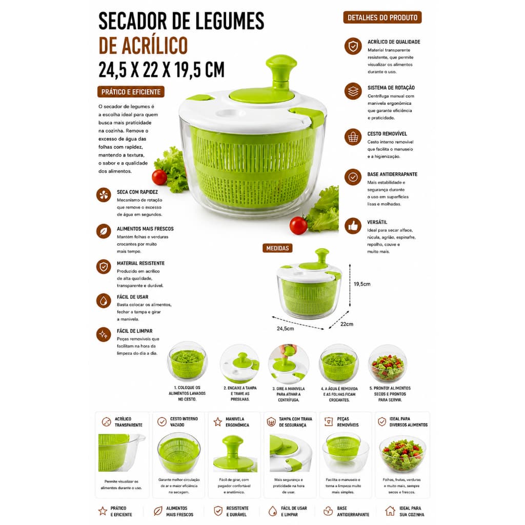 Centrífuga de Salada Acrílica, Manual para Folhas e Legumes, Secador de Legumes e Verduras com Cesto