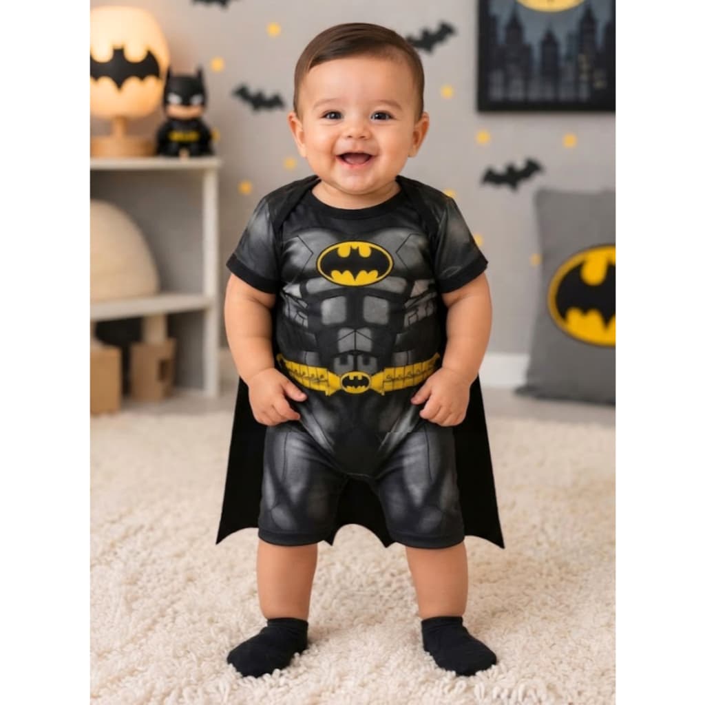 Fantasia Infantil Batman Macacão Baby Leve e Confortavel Ideal para Mesversario e Ensaio Fotográfico