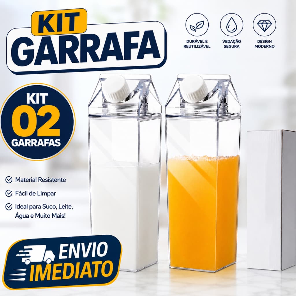 Kit 4/2 Garrafas Acrílico com Adesivo Caixa Leite Água Suco Geladeira 500ml