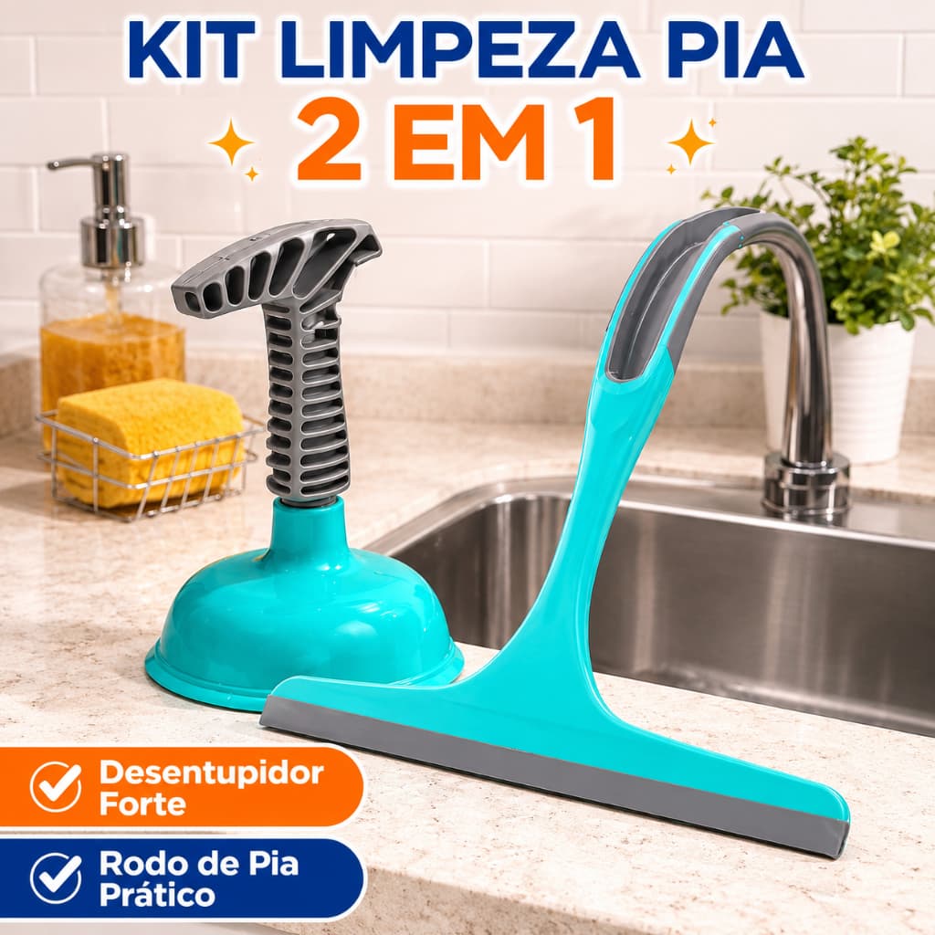 Kit Limpeza Pia 2 em 1 Rodo + Desentupidor Ventosa Star Limp Silicone Multiuso Banheiro Cozinha