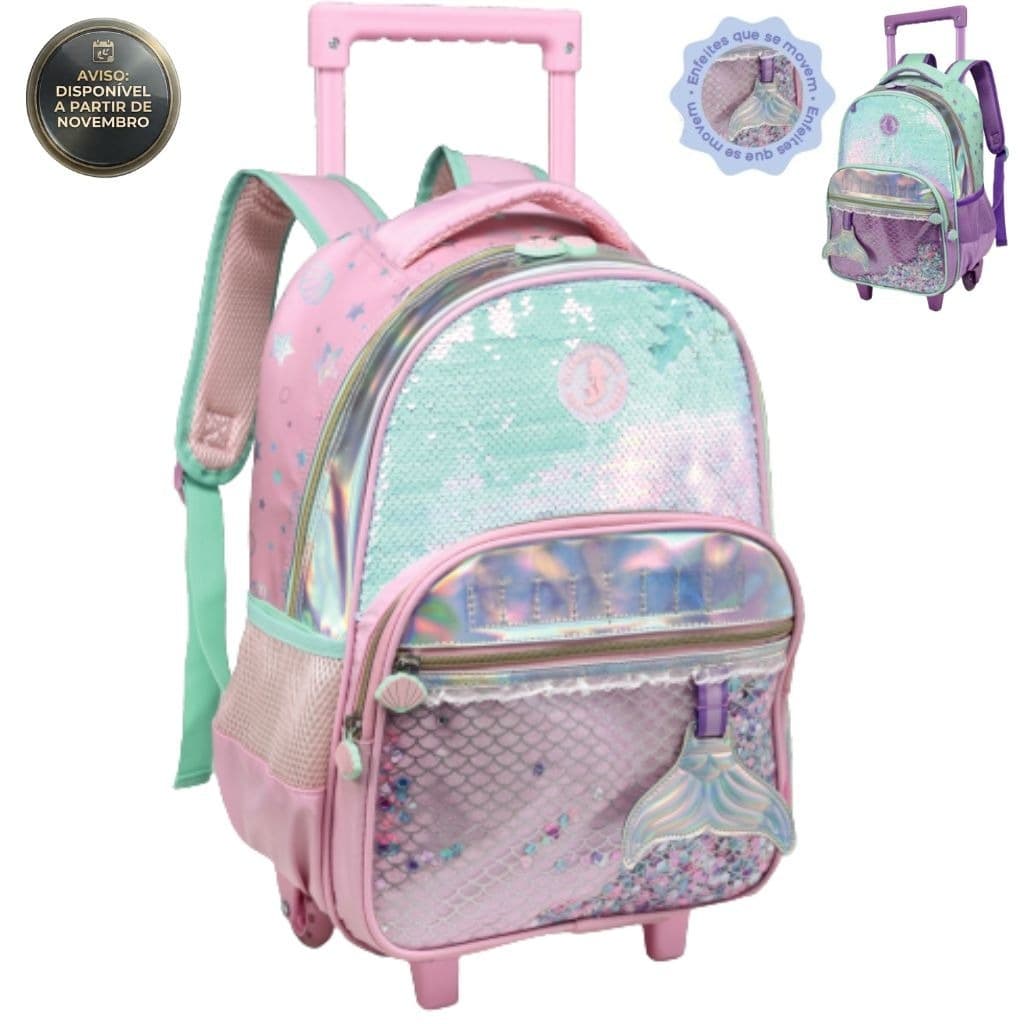 Kit Escolar Infantil Menina Sereia Mermaid Holográfica Mochila de Rodinhas Lancheira Térmica e Estojo