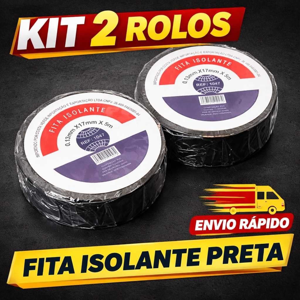 Fita Isolante 2 Rolos Antichamas Preta 5 Metros para Isolamento Elétrico Uso Profissional