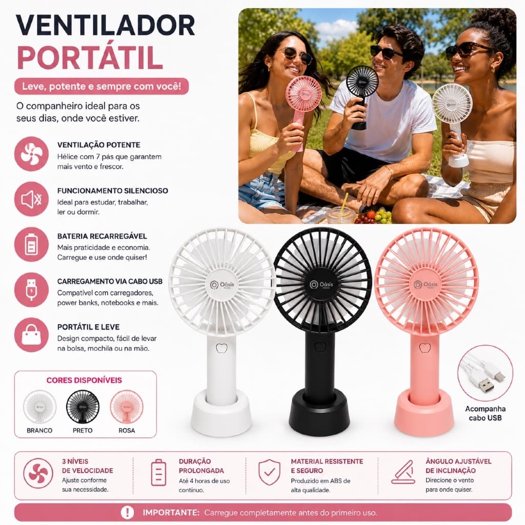 Ventilador Recarregavel Portatil 3 Cores Mao Escritorio