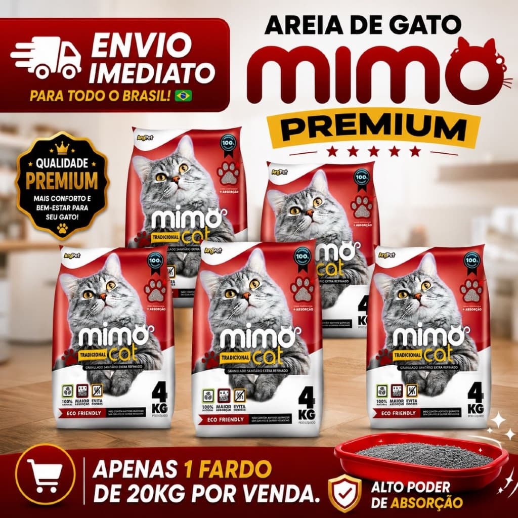 Kit 5 Areia Sanitária Higiênica para Gatos Tradicional 20 kg Mimo Cat Premium Seu Cat Mais Feliz
