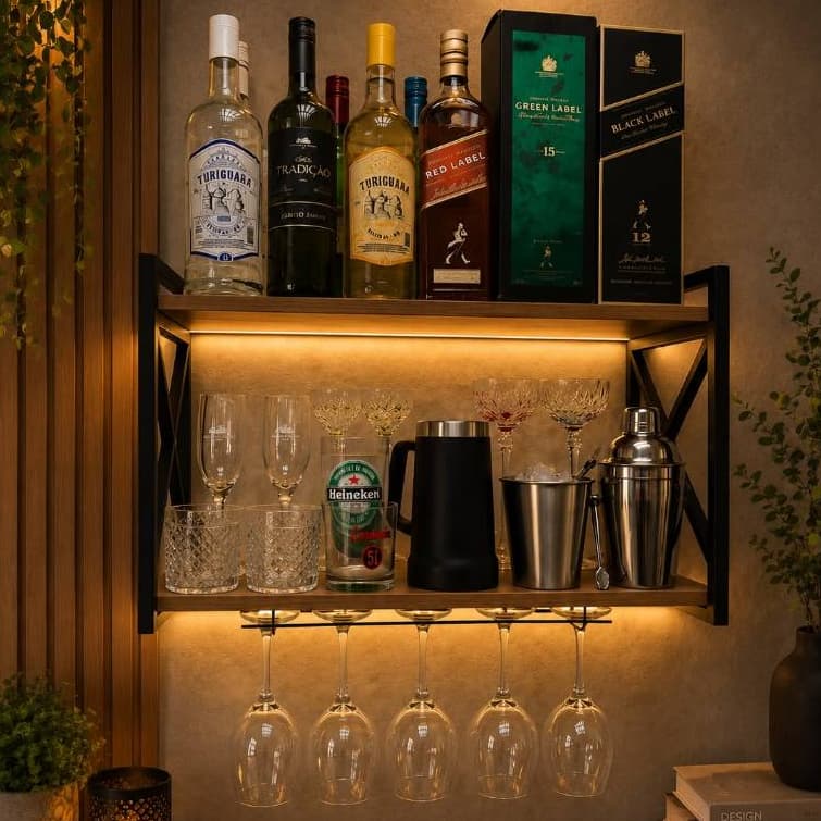 Bar Parede Adega Barzinho Decoração Porta Taças com Prateleira Oferta 100% Oferta