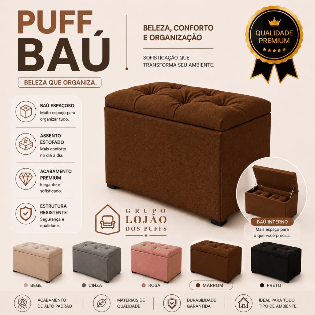 PUFF BAÚ ESTOFADO SUEDE ORGANIZADOR MULTIUSO QUALIDADE PARA QUARTO SALA PENTEADEIRA ROUPAS BRINQUEDO