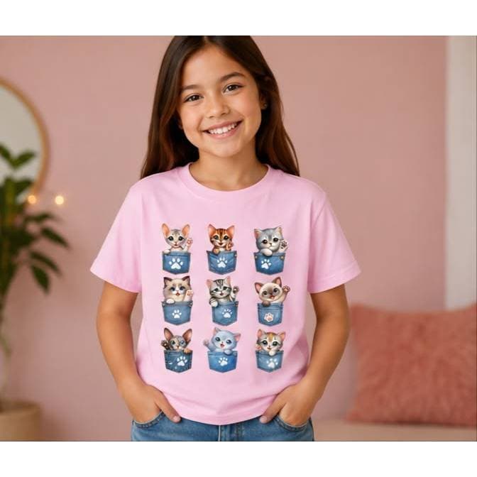 Camiseta Infantil Blusa Gatinhos Fofo De Bolso Amor De Animais Amigos