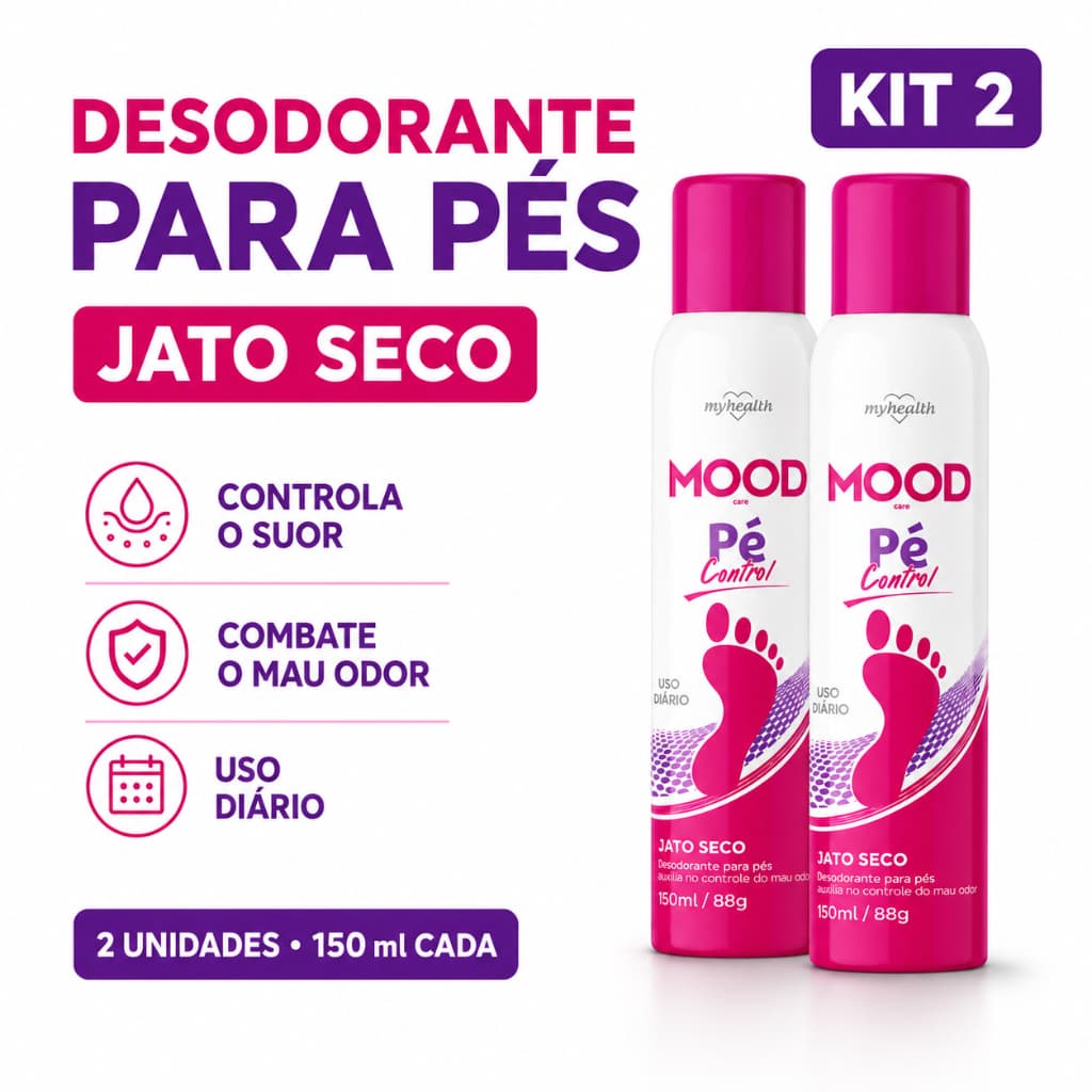 Desodorante para Pés Antitranspirante Spray 150ml Kit com 2 Unidades Antiodor Jato Seco Longa Duração Mood Care Control