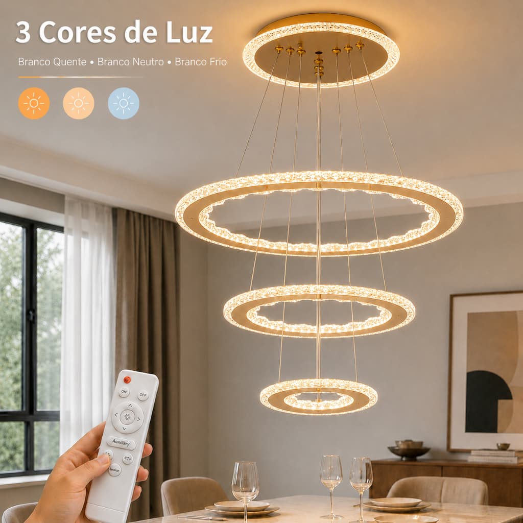 3 Cores Lustre Pendente LED Dourado 3 Anéis de Cristal com Controle Remoto Bivolt para Sala
