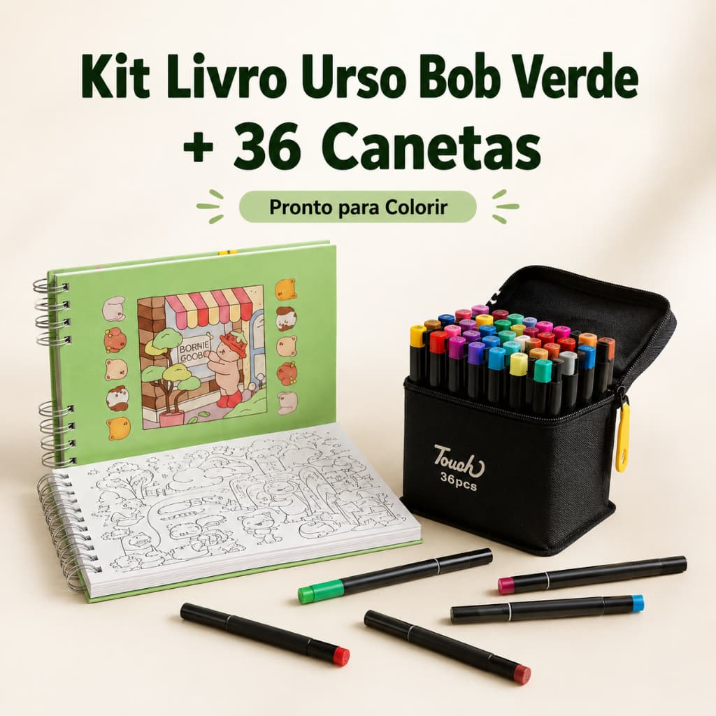 Kit Livro de Colorir Urso Bob Verde + 36 Canetas Coloridas para Pintura