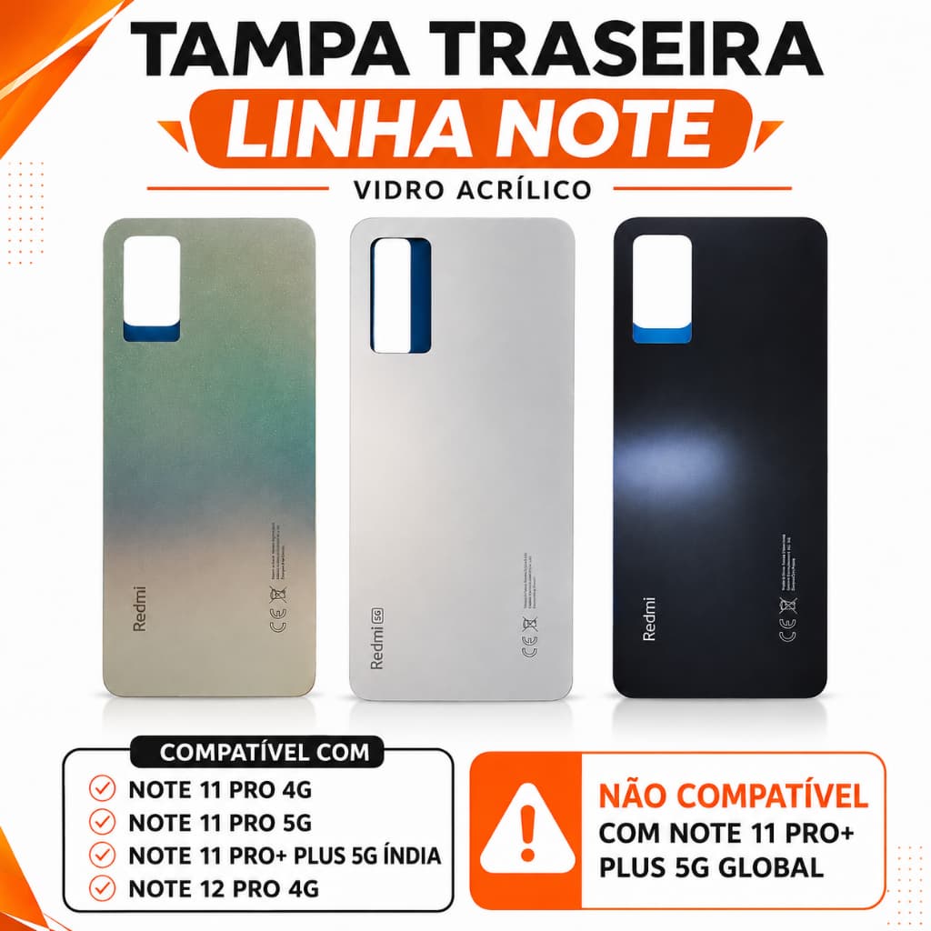 Capa Traseira Note 11 Pro 4G/5G/11 Pro Plus Índia/12 Pro 4G Tampa C/ Logo CE 1° Linha Vidro Acrílico