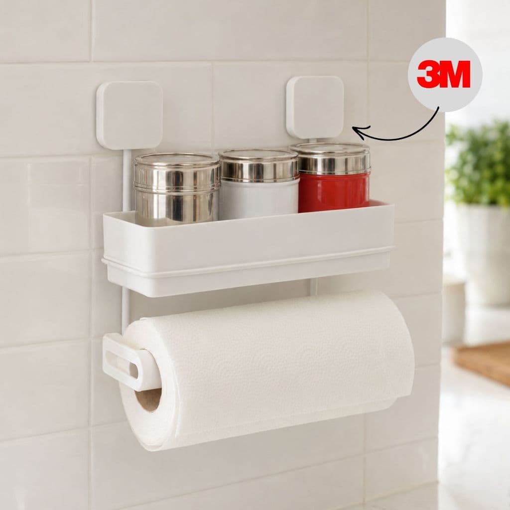 Porta Papel Toalha de Parede com Suporte para Temperos Pastilha Branco Organizador Cozinha