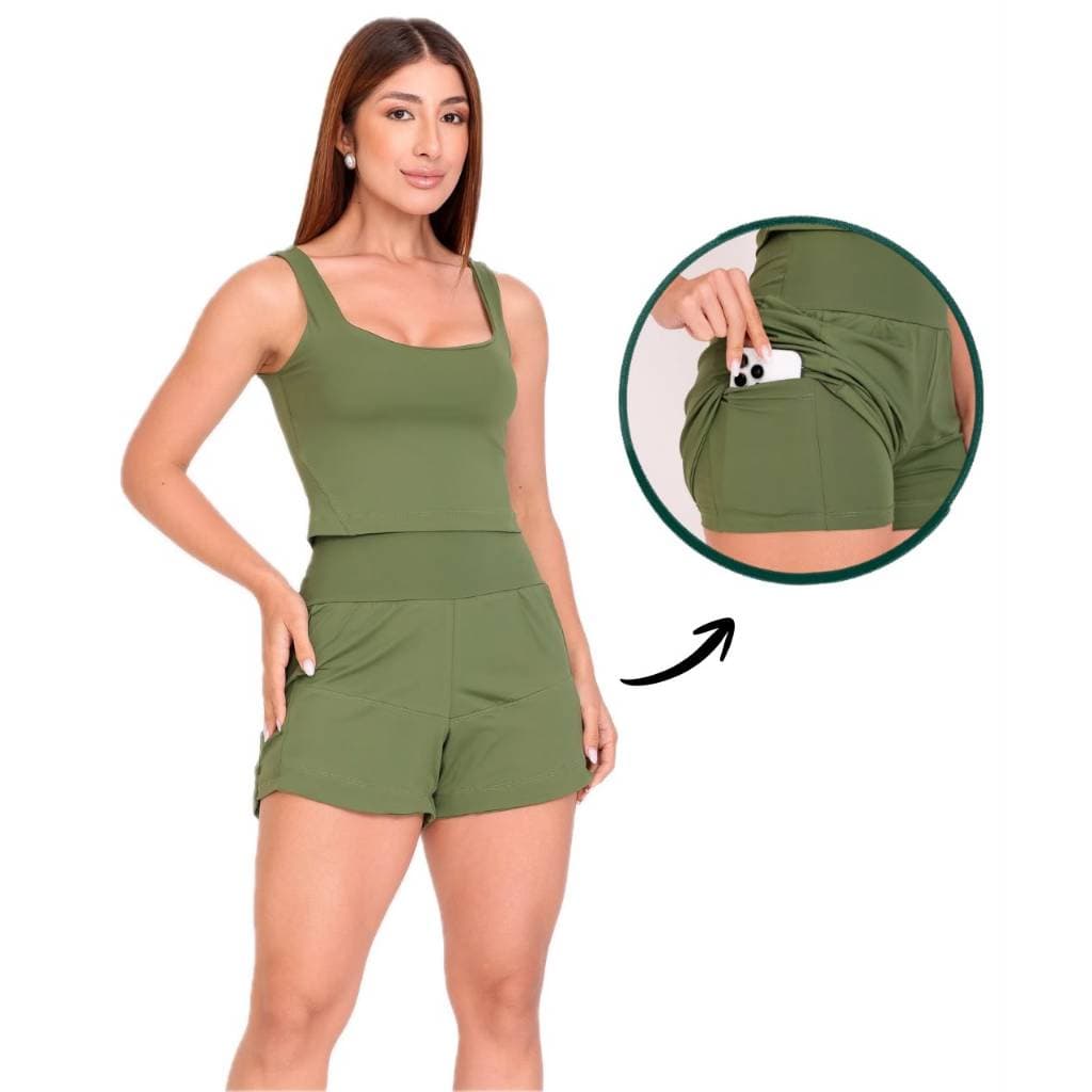 Conjunto Fitness Feminino Poliamida com Blusa + Short DUPLO com Bolso Roupa Academia e Corrida
