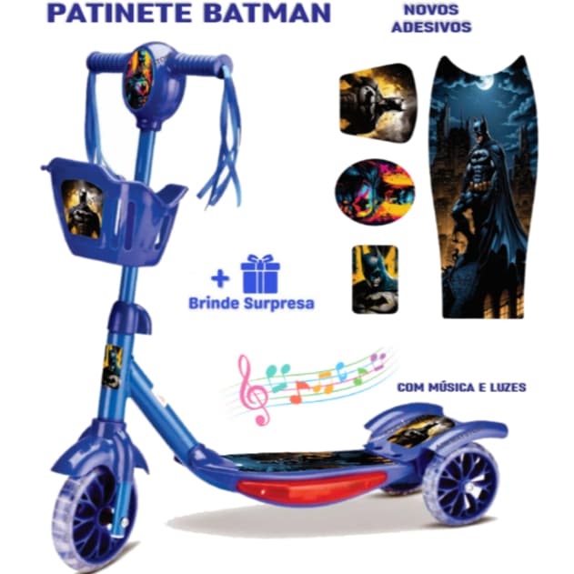 Patinete Infantil Batman Menino 3 Rodas Cesta Luz Música Altura Ajustável 3 a 5 Anos + Surpresa