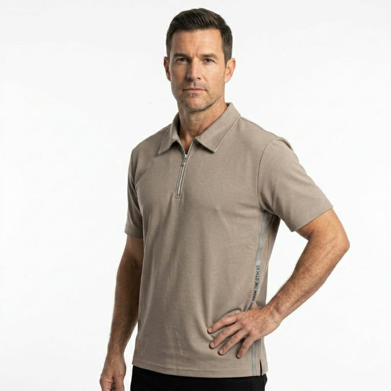 Camisa Polo Bege masculina lisa com ziper estilosa ,em algodão