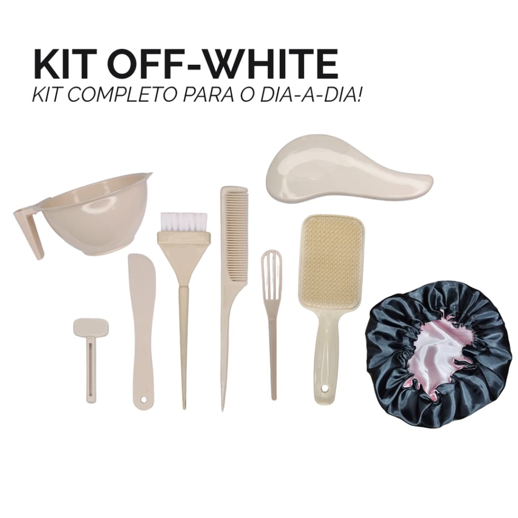 Kit Trissé Acessórios Off White Profissional 9 Peças Tigela Pincel Escovas E Touca Cetim Para Salão