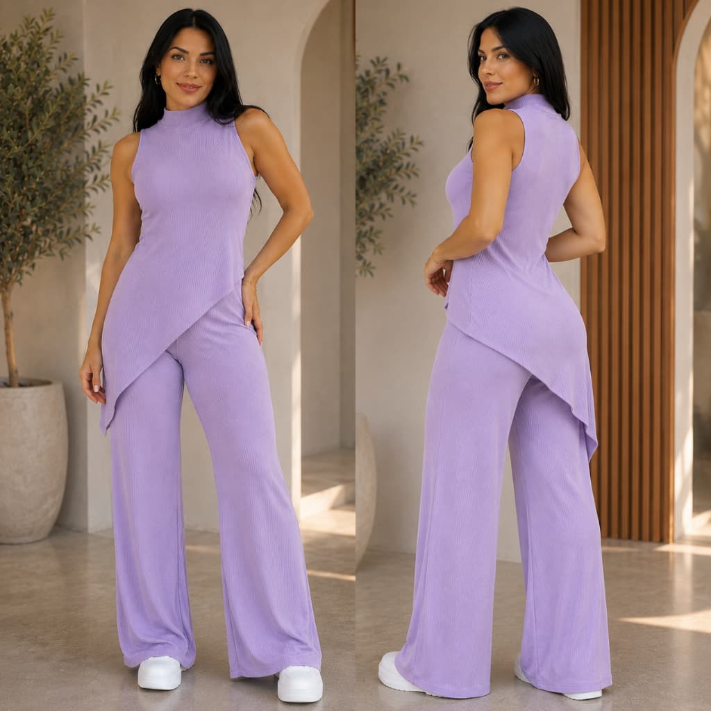Conjunto femenina Calça Pantalona longa  Blusa Regata Asimetrica alongada Estilo & Conforto Anarruga