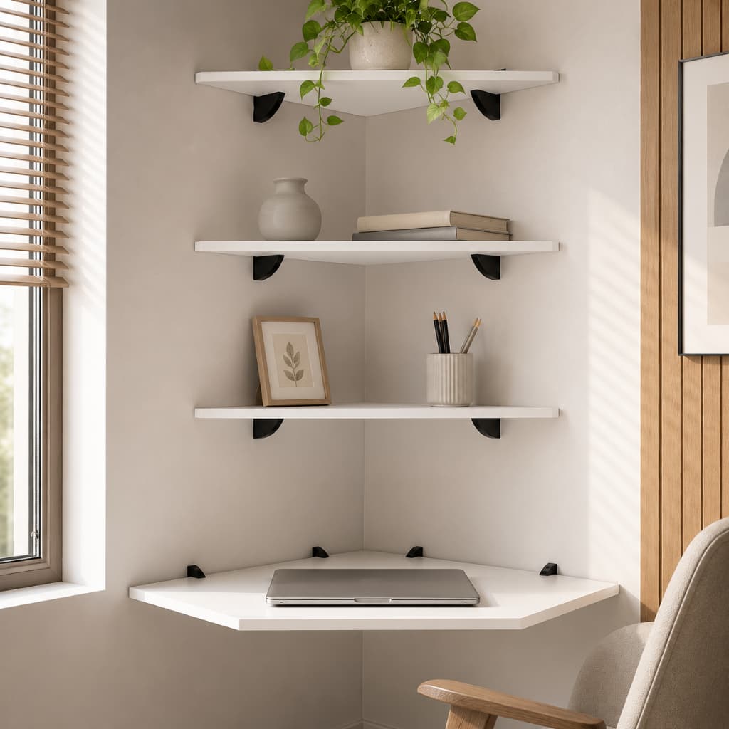 Kit Mesa Escrivaninha Suspensa de Canto com 3 Prateleiras Branca para Home Office, Quarto e Escritório – Mesa de Parede