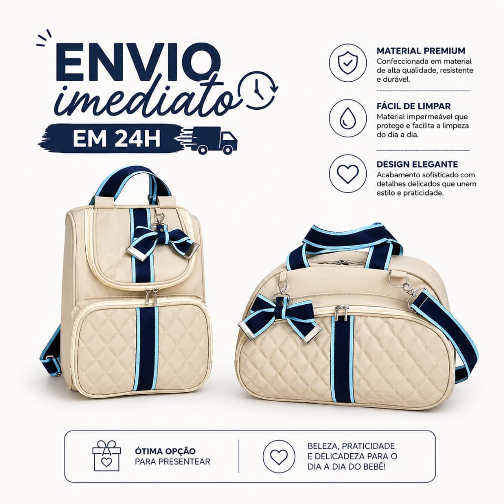 Kit Bolsa de Bebê Maternidade 2 Peças, Grande e Material em Corano, Térmica e Impermeável Menino/Menina