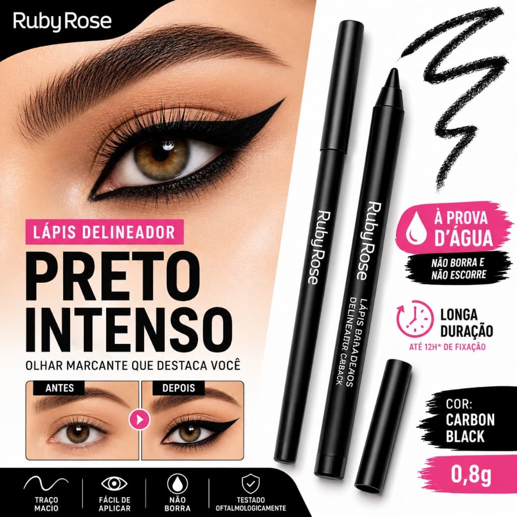 Lápis Delineador Olhos Ruby Rose Carbon Black À Prova D'Água Preto Intenso Longa Duração HB050