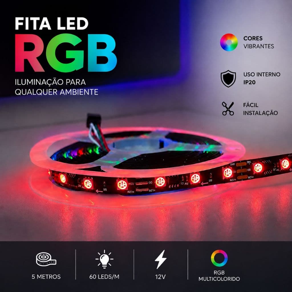 Fita LED RGB 5 Metros 12V 60 LEDs/M Uso Interno Decoração Quarto Sala Setup TV IP20