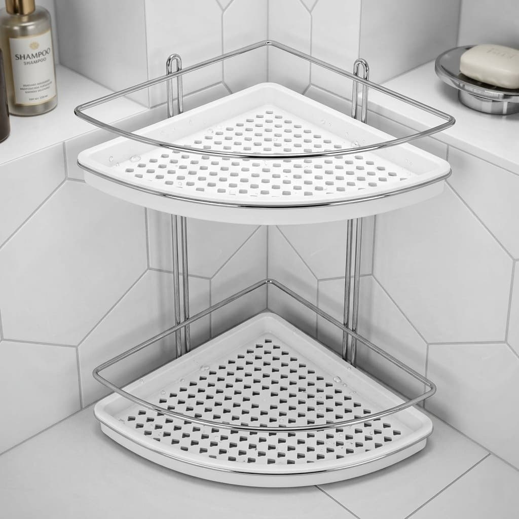 Porta Shampoo Duplo de Canto Cantoneira para Banheiro Organizador Aramado Suporte Cromado