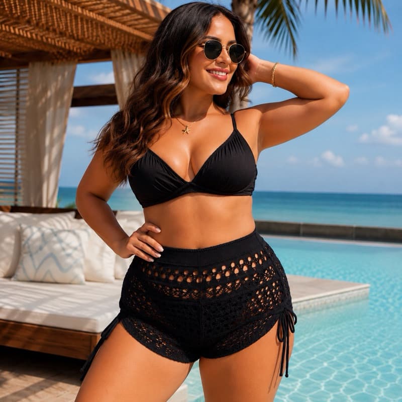 Short Vazado Feminino Saída de Praia Estilo Crochê Look Casual Leve Moda Verão Veste até o 44 Plus