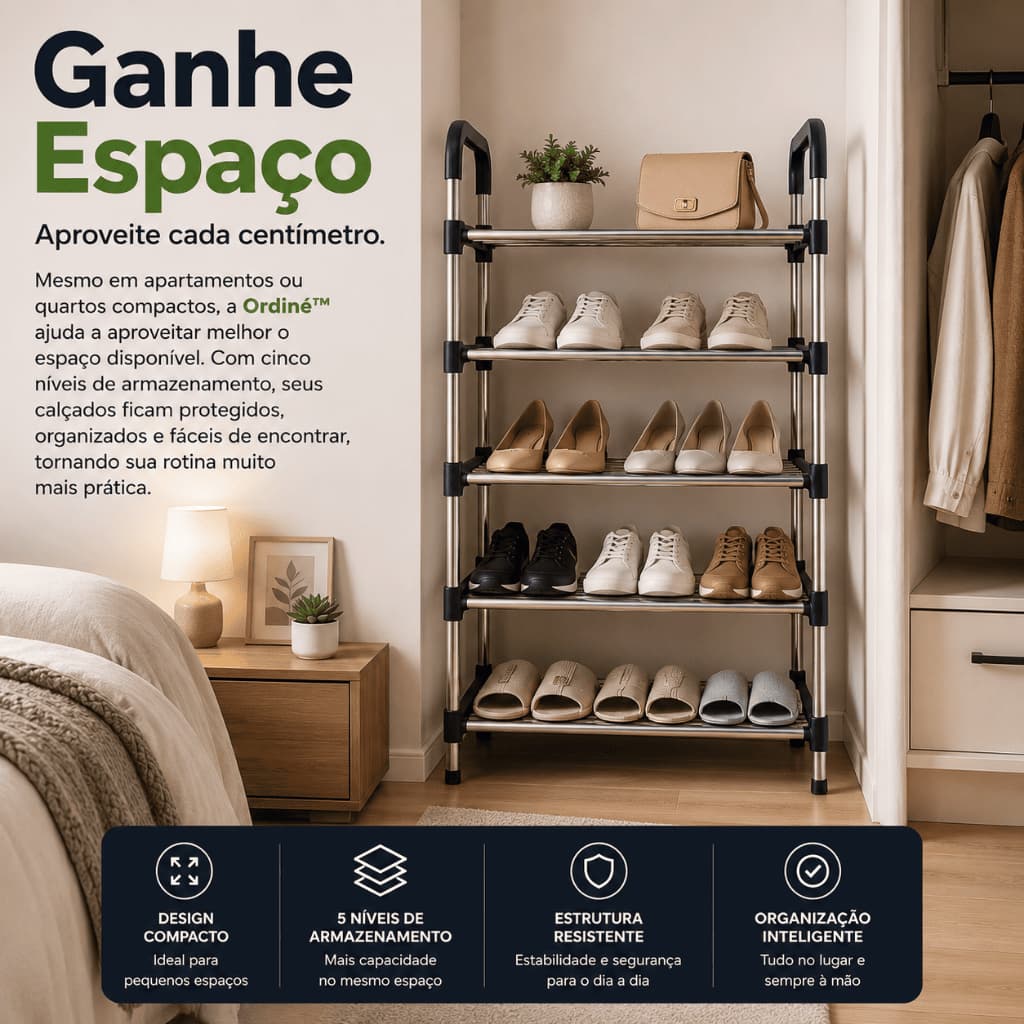 Sapateira Organizadora 5 Prateleiras Porta Sapatos Compacta Multiuso Resistente Fácil Montagem Ordiné™