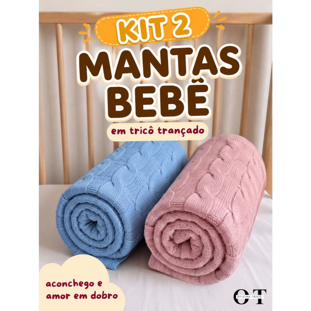 Kit 2 Mantas Cobertor Bebê Infantil Tricô Grosso Trançado Menino Menina Unissex RN Saida Maternidade