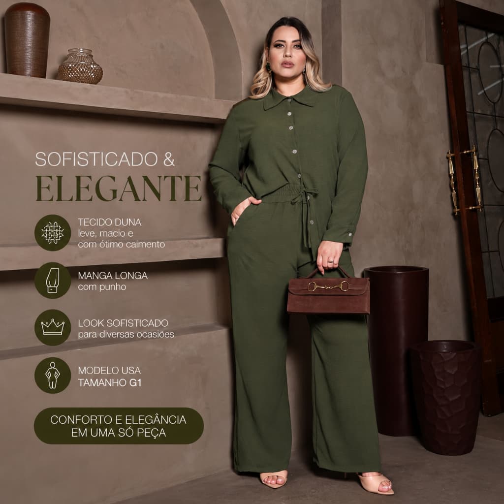 Blusa Manga Longa de Frio + Calça Pantalona Alfaiataria Duna Conjunto Casual e Sofisticado Plus Size